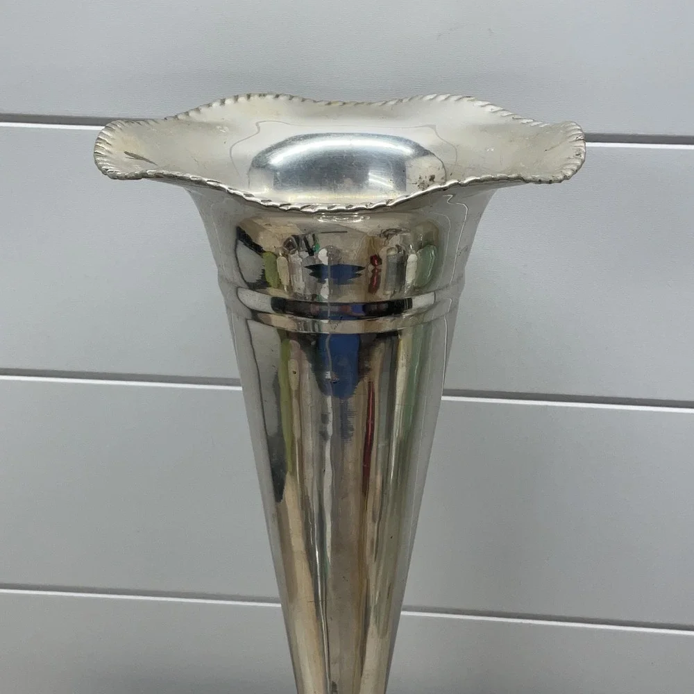 Vintage Silver Plated Trumpet Vase Scalloped Rim Rope Twist Base 12.5 Inch